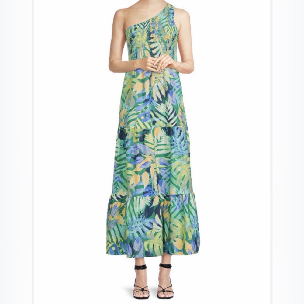 Time and Tru One Shoulder Smocked Tiered Hawaiian Tropical Summer Dress Size L